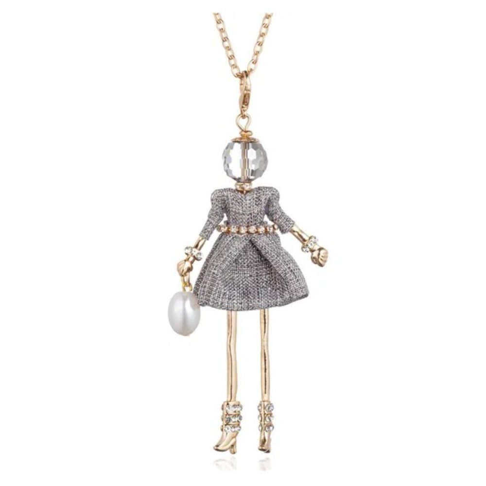 French Dancing Doll in Silver Cocktail Dress Statement Pendant Necklace  1234